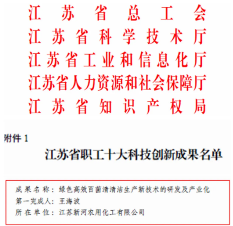 江苏新河喜获“2021年度江苏省职工十大科技创新成就奖”
